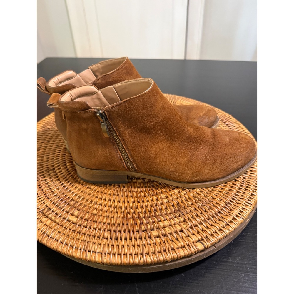 Franco Sarto Womens Brown Suede Ankle Boots Side Zip Low Stacked Heel Cognac